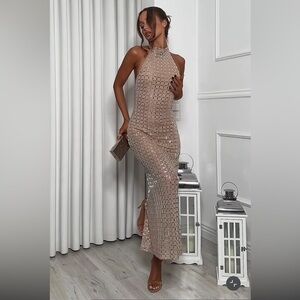 ZARA SPARKLY MESH HALTER MIDI DRESS